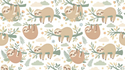 Fototapeta premium Children's Cute Cartoon Sloth Animals Seamless Pattern. Flat Illustration for Nursery Decor Baby Fabric.
