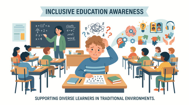 Promoting Inclusive Education A Classroom Scene Illustrating Diverse Learning Needs and Support in a Traditional Environment
