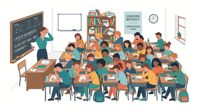 A frustrated teacher stands at the front of a crowded classroom, addressing bored and disengaged students during a lesson