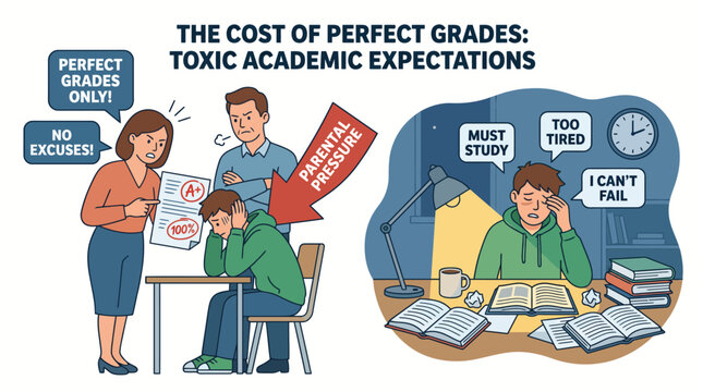 The immense burden of academic expectations leads to student burnout and mental exhaustion, highlighting the toxic culture of striving for flawless grades