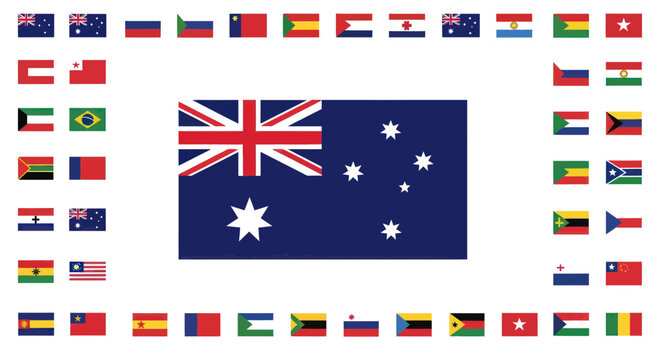 Australian flag surrounded by flags.