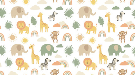 Fototapeta premium Cute Flat Style Baby Safari Animals Seamless Pattern. Nursery Jungle Wildlife Elephant Giraffe Lion Monkey Zebra Cartoon Illustration.