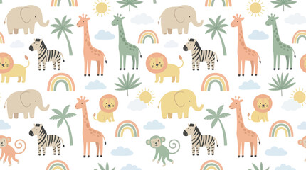 Fototapeta premium Cute Baby Safari Animals Seamless Pattern. Flat Vector Kids' Illustration with Elephants, Giraffes, Zebras, Lions for Nursery Design