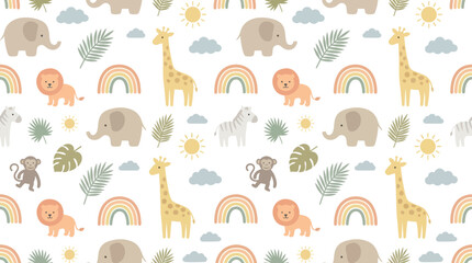 Fototapeta premium Cute Flat Illustration Seamless Pattern for Kids Nursery with Baby Safari Animals, Rainbows, Clouds Leaves