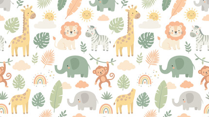 Fototapeta premium Cute Pastel Flat Cartoon Safari Animals Seamless Pattern for Kids. Giraffe, Elephant, Lion, Zebra, Monkey, Jungle Leaves.