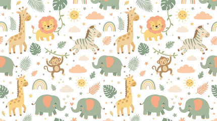 Fototapeta premium Cute Cartoon Safari Jungle Animals Seamless Pattern for Children's Nursery Textile Design - Flat Vector Illustration