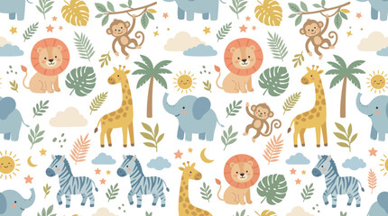 Fototapeta premium Cute Flat Cartoon Vector Seamless Pattern of Safari Jungle Animals for Children's Design and Baby Prints