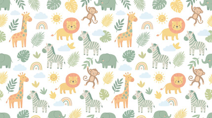 Obraz premium Cute Cartoon Safari Baby Animals Seamless Pattern for Kids Nursery. Flat Jungle Giraffe, Lion, Zebra, Elephant, Monkey Background