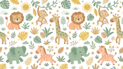 Fototapeta premium Cute Safari Animals and Tropical Leaves Cartoon Pattern