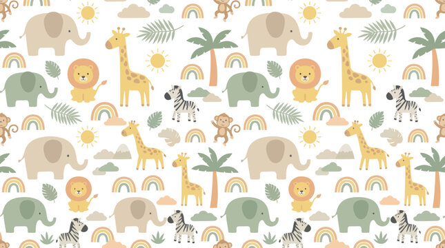 Cute Flat Vector Illustration of Baby Jungle Safari Animals and Rainbows - Seamless Nursery Pattern