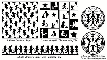 Fototapeta premium Set of decorative child silhouette pattern designs and circular medallions.
