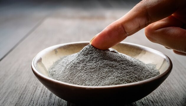 fingertip touching fine gray powder in small ceramic bowl held b