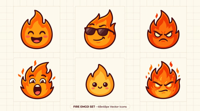 Set of cute cartoon fire character stickers with various facial expressions.