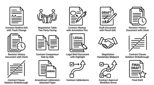Set of Contract Management and Legal Document Process Line Icons.