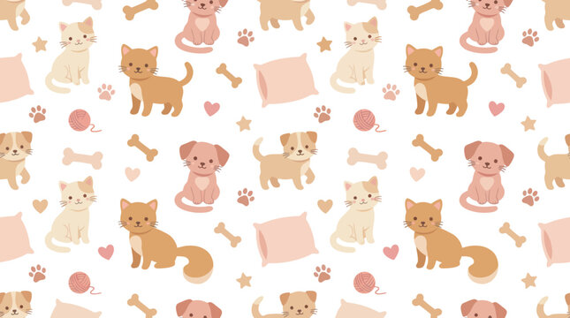 Adorable Flat Cartoon Seamless Pet Pattern with Cute Cats, Dogs, Bones, and Paws for Kids Design