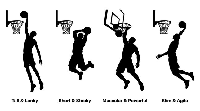 Set of basketball player silhouettes representing different body types and dunking styles.