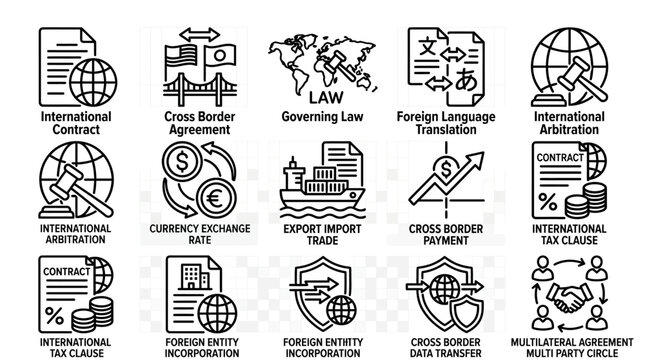 Set of international business and global trade line icons.