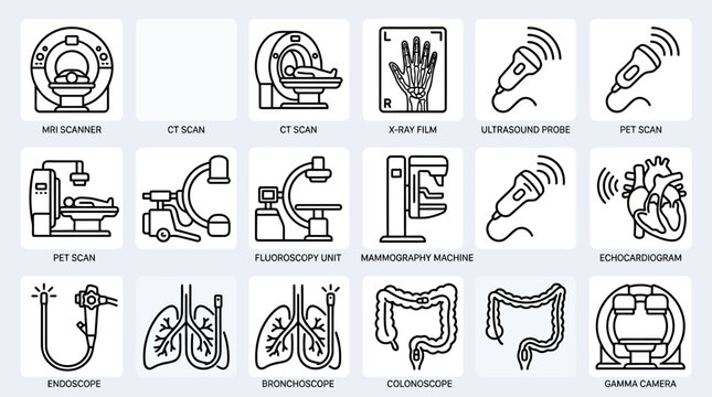 Set of medical diagnostic imaging and radiology equipment line icons.