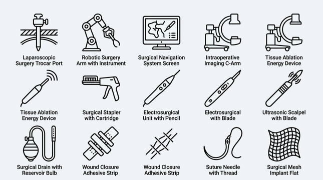 Set of medical surgical equipment icons for hospital and operating room procedures.