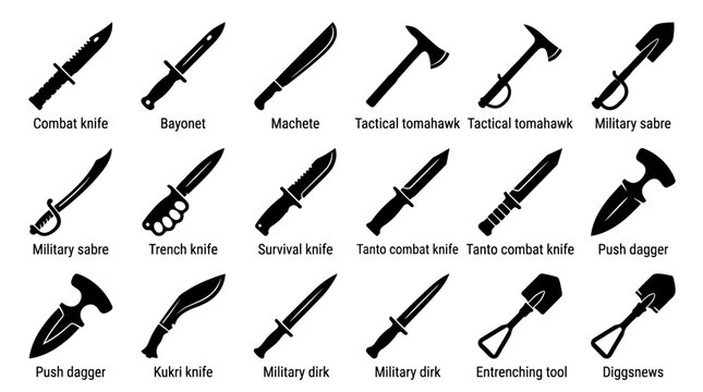Set of military weapons and combat knives silhouettes icons.