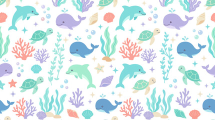 Naklejka premium Cute Underwater Seamless Pattern with Dolphins, Whales, Turtles, and Coral