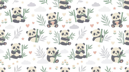 Fototapeta premium Cute Cartoon Baby Panda and Bamboo Seamless Pattern Illustration for Children's Nursery Textile Design