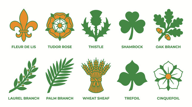 Set of ten classic heraldic symbols and botanical icons.