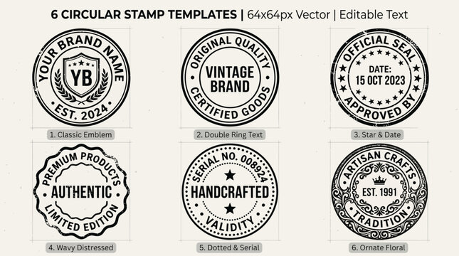 Set of six vintage circular stamp and seal templates.