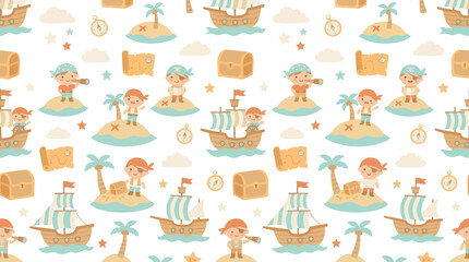 Fototapeta premium Kids' Flat Cartoon Pirate Adventure Seamless Pattern: Ships, Islands, Treasure Maps Pirates