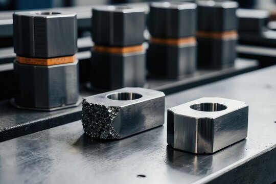Metal parts show results of deburring process. Rough edge contrasted with smooth surface. Industrial fabrication, precision engineering, manufacturing detail.