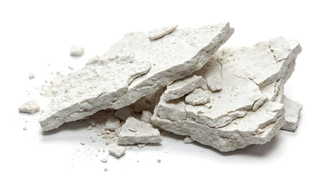 White kaolin clay pieces and chalk chunks isolated on white background