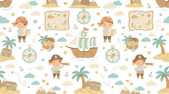 Cute Pirate Kids Seamless Pattern Vector Illustration, Children Theme, Flat Design