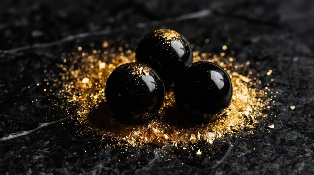Three shiny black balls dusted with gold flakes, glitter on dark marble. Arrangement suggests luxury, elegance, rich, sophisticated aesthetic. Visual evokes sense of opulence, high-end design.