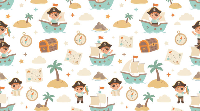 Children's Cartoon Flat Illustration Seamless Pattern with Cute Pirates, Ships, and Treasure for Kids' Design
