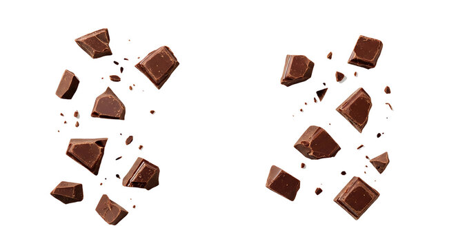 Broken chocolate pieces and crumbs dynamically scattered and floating in air, isolated on a transparent background, showcasing rich brown confectionery