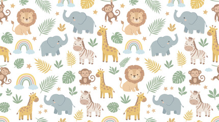 Fototapeta premium Cute Baby Safari Animals Seamless Pattern. Cartoon Jungle Elephant, Lion, Giraffe, Zebra, Monkey Vector for Nursery.