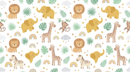 Fototapeta premium Cute Flat Cartoon Baby Safari Animals Seamless Pattern. Adorable Jungle Animal Vector Illustration.