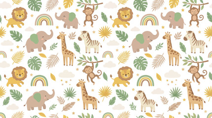 Fototapeta premium Cute Boho Safari Animals Seamless Pattern. Flat Vector Nursery Design with Elephant, Giraffe, Lion, Zebra, Monkey, Rainbow.