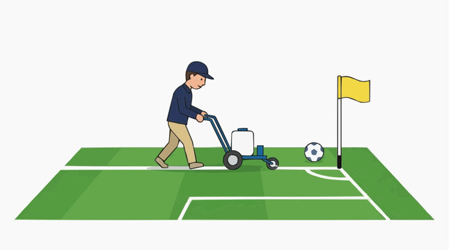 Groundskeeper Mowing Soccer Field Lines with a Lawn Mower Near Corner Flag, Sports Turf Maintenance for Efficient Field Management