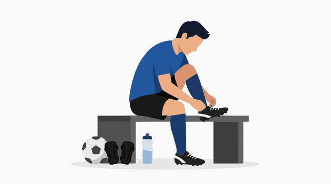 Soccer Player Tying Boots Next to Ball and Gear on Bench, Training Preparation Concept for Sports Performance, Discipline, and Productivity