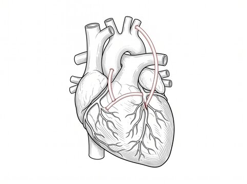 Coronary Artery Bypass Heart Line Art Medical Illustration on White Background