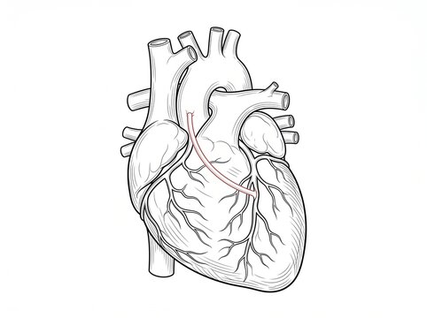 Coronary Artery Bypass Heart Line Art Medical Illustration on White Background