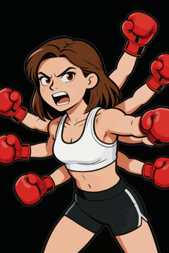 Multiarmed Female Boxer in Fighting Stance Illustration