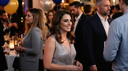 Obraz premium People in formal attire mingle at a celebratory event with balloons and soft lighting. Business professionals network and socialize during a corporate gathering, smiling and engaging.