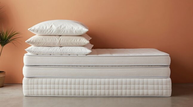 Stack of white mattresses and pillows on floor against orange wall. Clean bedding display for comfort choice. Modern bedroom furniture arrangement. Side view.