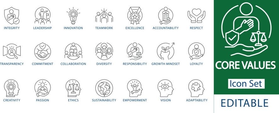 core values icon set: professional corporate culture and ethics, business leadership and teamwork, human resources diversity, and company mission statement line icons