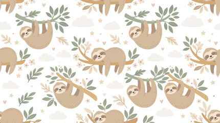 Fototapeta premium Cute Baby Sloths Seamless Pattern Vector Illustration. Whimsical Flat Art for Children's Fabric, Nursery Decor, and Textile Design.