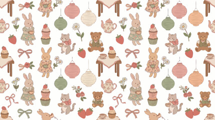 Naklejka premium Cute Kawaii Bunnies, Cats, Bears, Teapots, Lanterns, Cupcakes Pattern