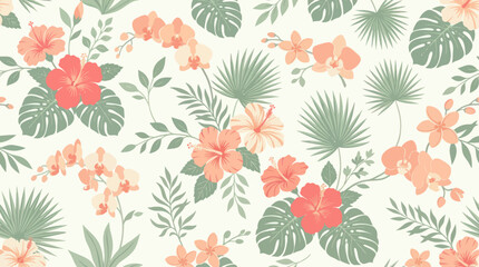 Fototapeta premium Flat Vector Illustration of Seamless Tropical Botanical Pattern with Hibiscus, Orchids, Palm, and Monstera Leaves