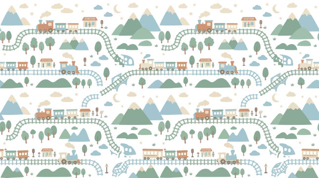 Playful Kids Train Transportation Flat Illustration with Cute Cartoon Engines, Mountains, and Houses